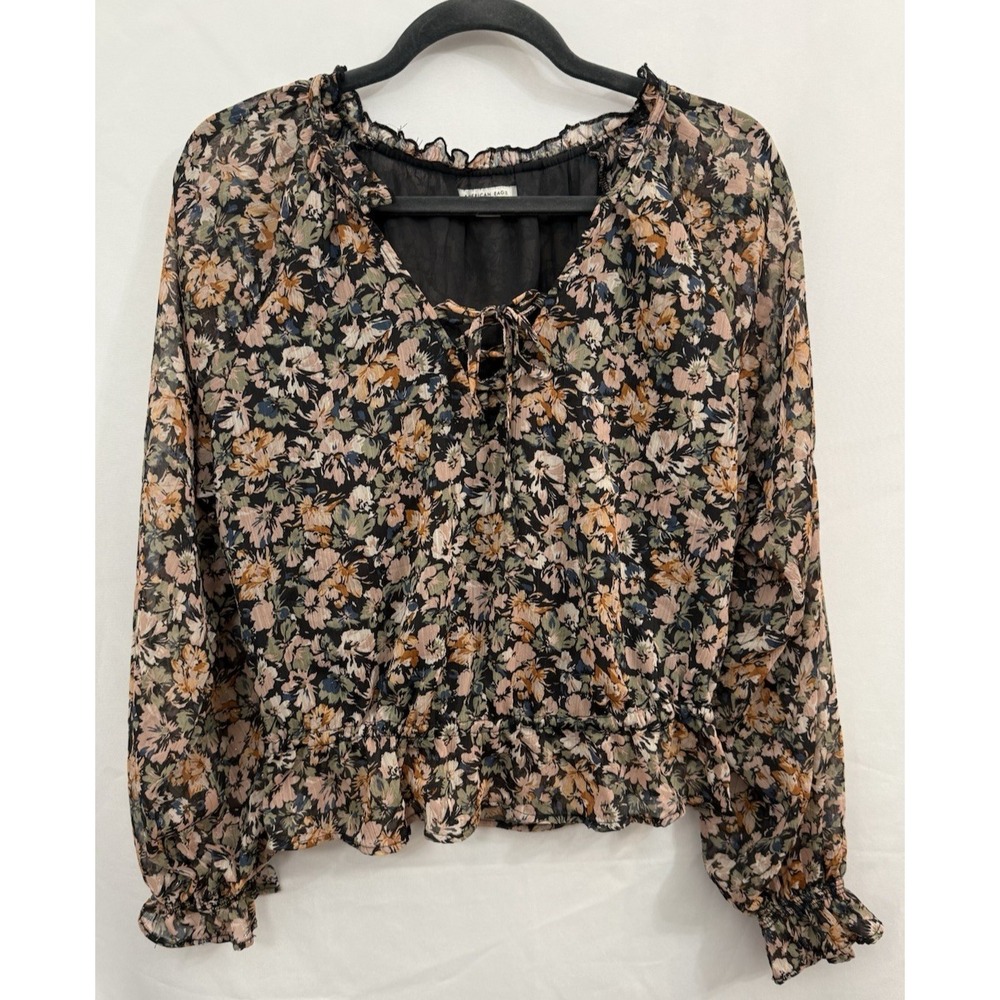 American Eagle Black Floral Crop Peasant Blouse‎ Boho Cottagecore Womens Size S